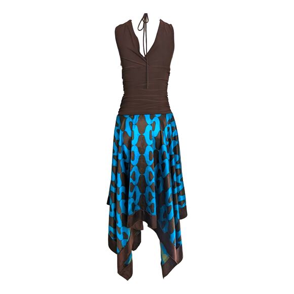 Ruched Y2K Ocean Ogee Scarf Hem Asymmetrical Satin Dress - Picture 3 of 12